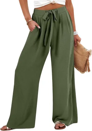 Gumipy Linen Palazzo Pants for Women Adjustable Tie Knot High Waisted Wide Leg Pants Loose Lounge Trousers Pants with Pockets