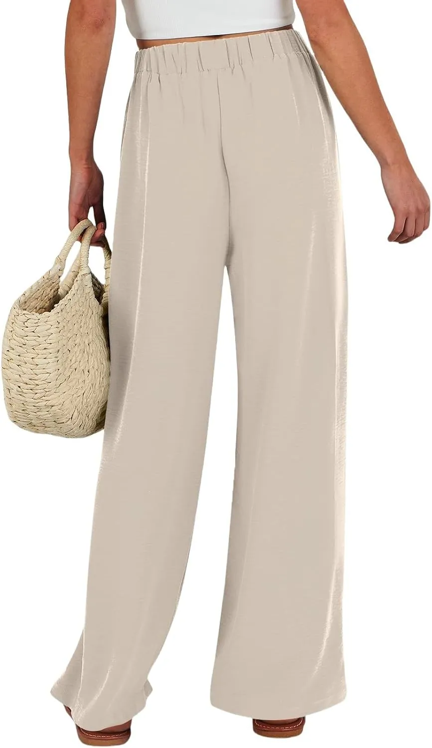 Gumipy Linen Palazzo Pants for Women Adjustable Tie Knot High Waisted Wide Leg Pants Loose Lounge Trousers Pants with Pockets