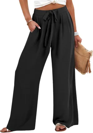 Gumipy Linen Palazzo Pants for Women Adjustable Tie Knot High Waisted Wide Leg Pants Loose Lounge Trousers Pants with Pockets