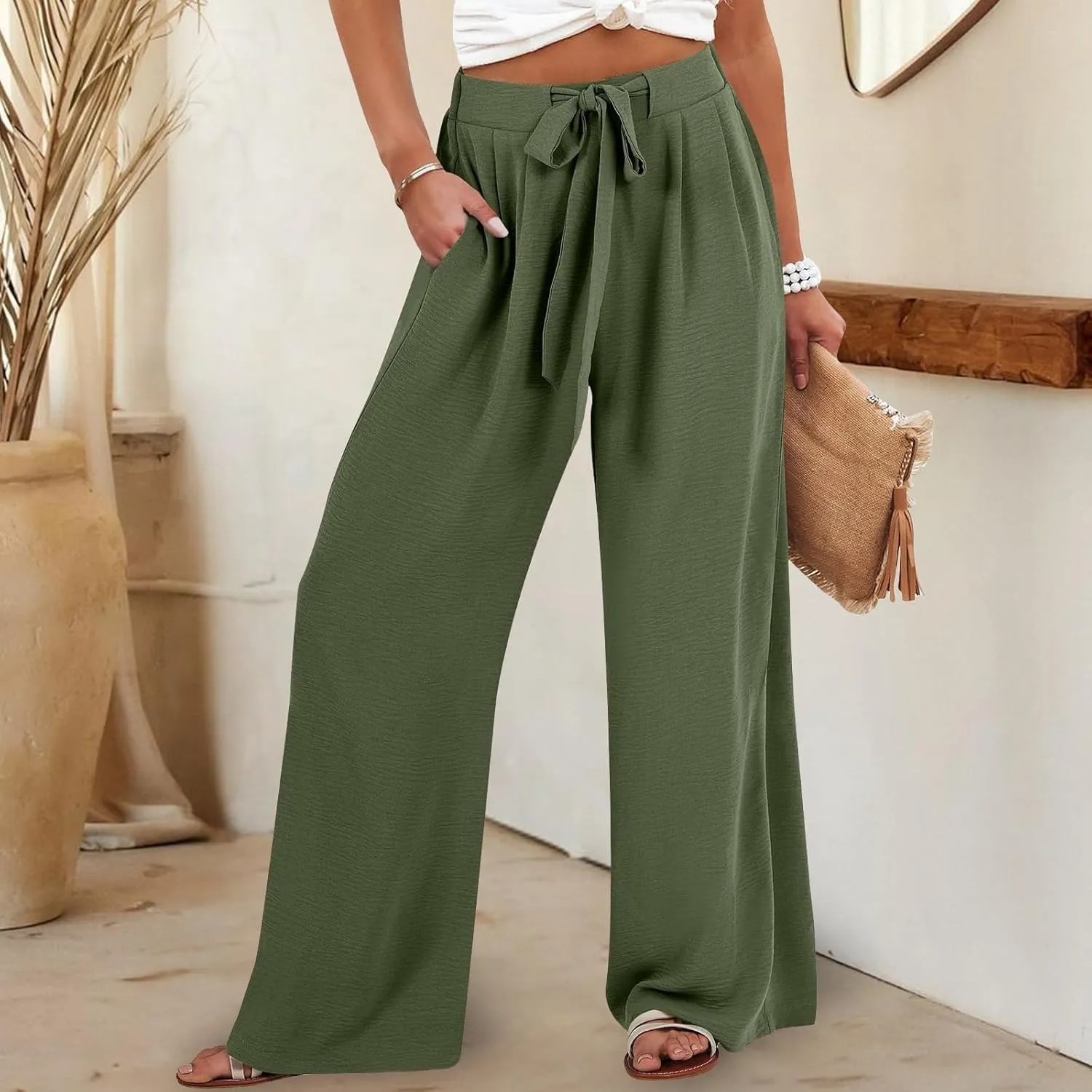Gumipy Linen Palazzo Pants for Women Adjustable Tie Knot High Waisted Wide Leg Pants Loose Lounge Trousers Pants with Pockets