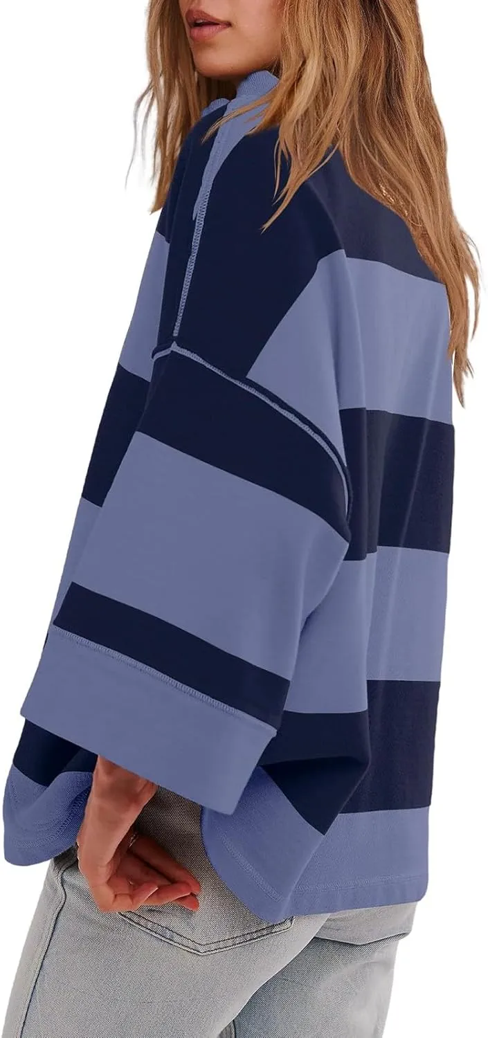 Gumipy Quarter Zip Pullover Women Stripe Stand Collar Half Zip Pullover Y2K 3/4 Long Sleeve Reverse Seam Oversized Sweatshirt