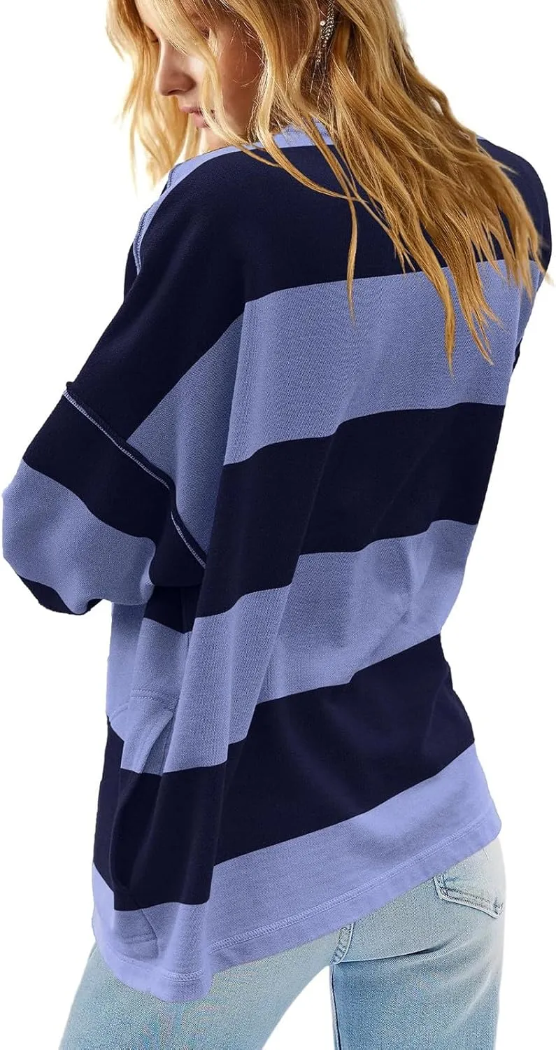 Gumipy Quarter Zip Pullover Women Stripe Stand Collar Half Zip Pullover Y2K 3/4 Long Sleeve Reverse Seam Oversized Sweatshirt