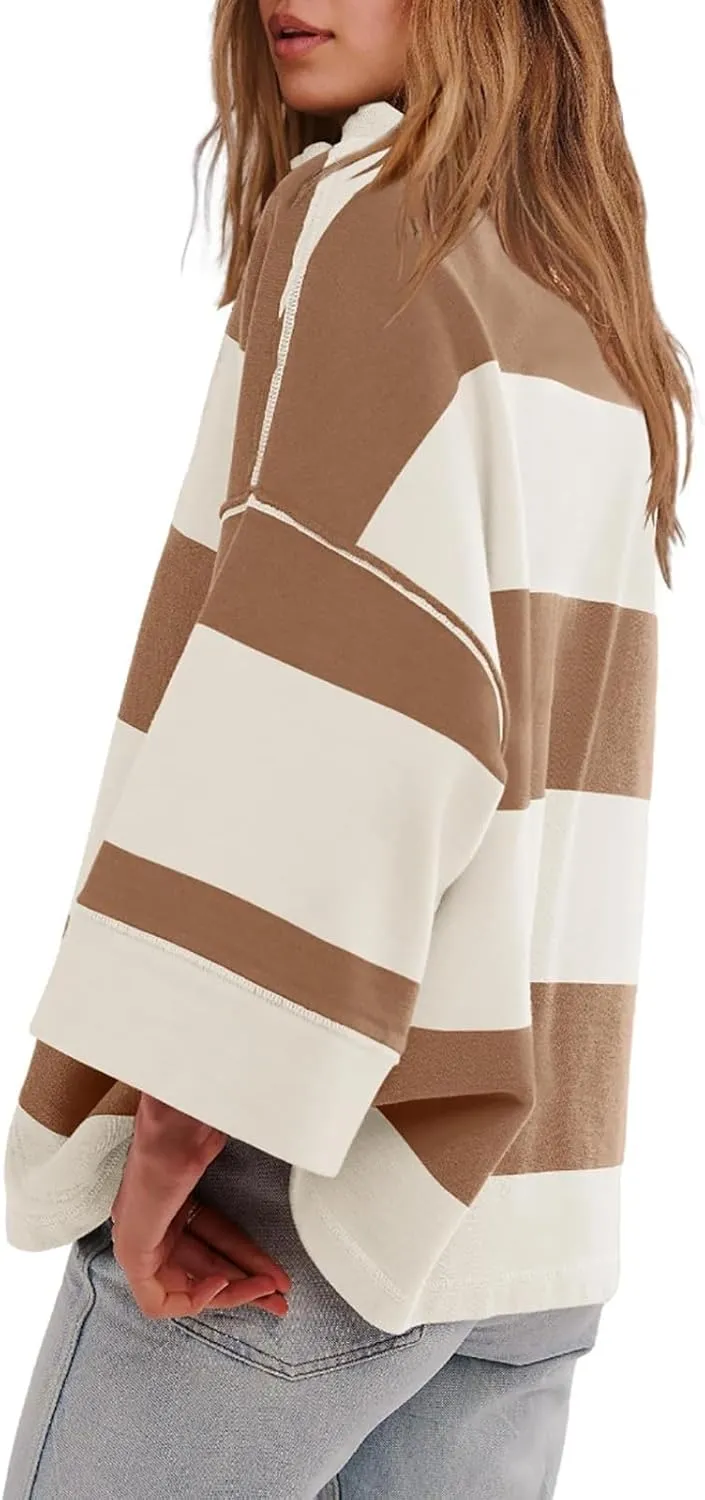 Gumipy Quarter Zip Pullover Women Stripe Stand Collar Half Zip Pullover Y2K 3/4 Long Sleeve Reverse Seam Oversized Sweatshirt