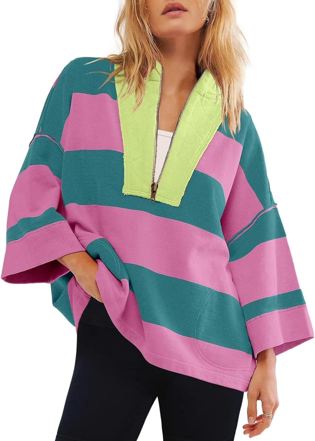 Gumipy Quarter Zip Pullover Women Stripe Stand Collar Half Zip Pullover Y2K 3/4 Long Sleeve Reverse Seam Oversized Sweatshirt