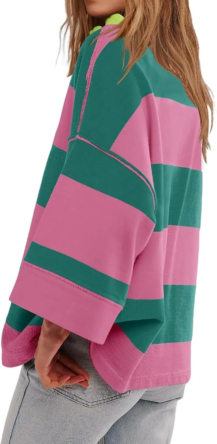 Gumipy Quarter Zip Pullover Women Stripe Stand Collar Half Zip Pullover Y2K 3/4 Long Sleeve Reverse Seam Oversized Sweatshirt