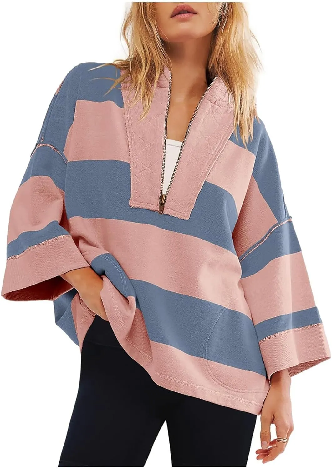 Gumipy Quarter Zip Pullover Women Stripe Stand Collar Half Zip Pullover Y2K 3/4 Long Sleeve Reverse Seam Oversized Sweatshirt