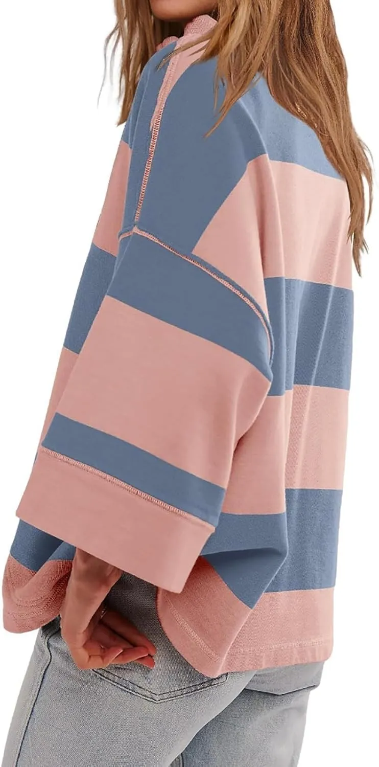 Gumipy Quarter Zip Pullover Women Stripe Stand Collar Half Zip Pullover Y2K 3/4 Long Sleeve Reverse Seam Oversized Sweatshirt