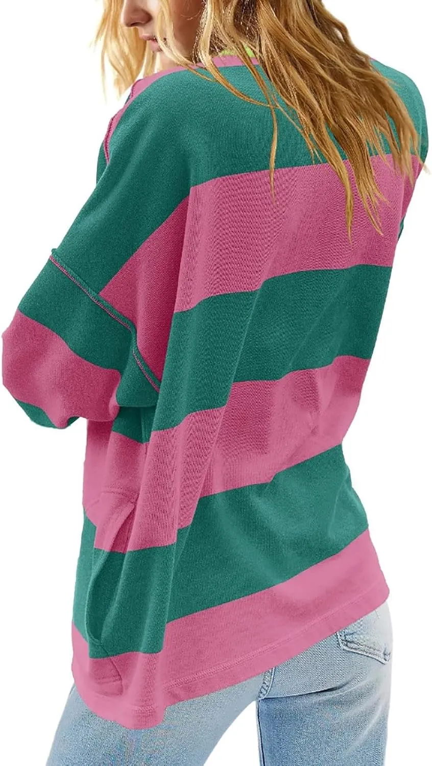 Gumipy Quarter Zip Pullover Women Stripe Stand Collar Half Zip Pullover Y2K 3/4 Long Sleeve Reverse Seam Oversized Sweatshirt