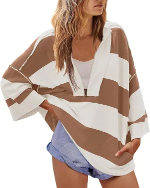 Gumipy Quarter Zip Pullover Women Stripe Stand Collar Half Zip Pullover Y2K 3/4 Long Sleeve Reverse Seam Oversized Sweatshirt