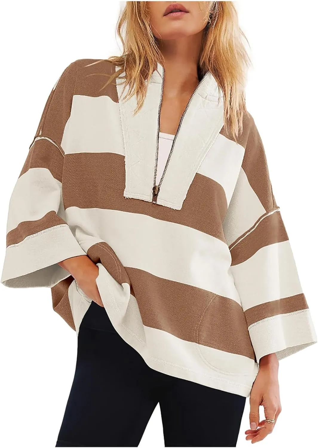 Gumipy Quarter Zip Pullover Women Stripe Stand Collar Half Zip Pullover Y2K 3/4 Long Sleeve Reverse Seam Oversized Sweatshirt