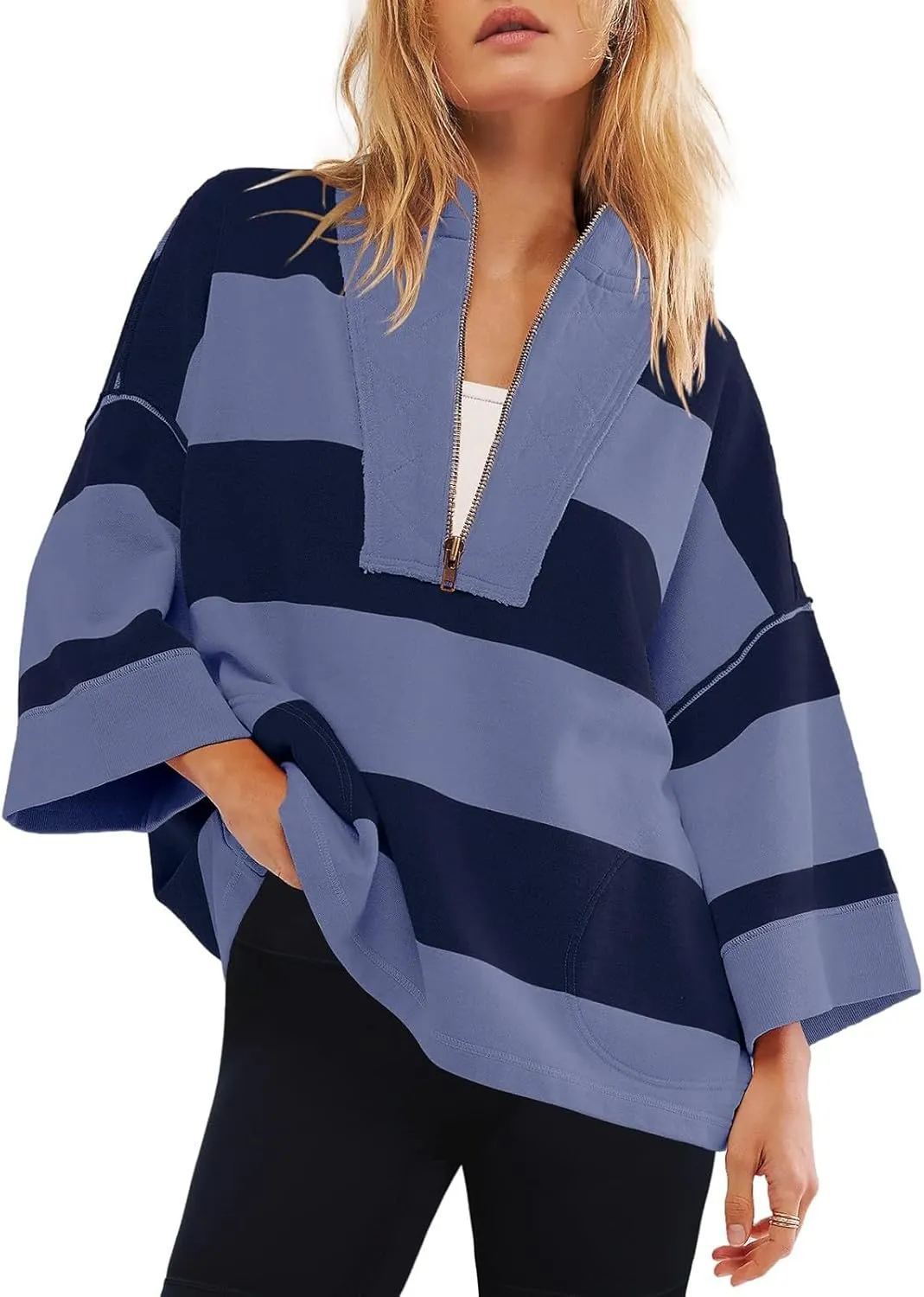 Gumipy Quarter Zip Pullover Women Stripe Stand Collar Half Zip Pullover Y2K 3/4 Long Sleeve Reverse Seam Oversized Sweatshirt