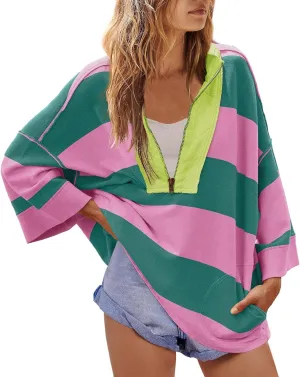Gumipy Quarter Zip Pullover Women Stripe Stand Collar Half Zip Pullover Y2K 3/4 Long Sleeve Reverse Seam Oversized Sweatshirt