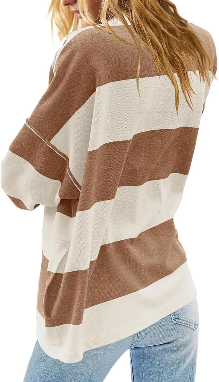 Gumipy Quarter Zip Pullover Women Stripe Stand Collar Half Zip Pullover Y2K 3/4 Long Sleeve Reverse Seam Oversized Sweatshirt