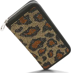 HANDBAG EXPRESS Rhinestone Bling Small Accordion Wallet Vegan Leather for Women for Cash Coin (7340-BK (Leopard))