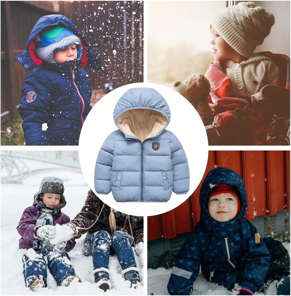 Happy Cherry Boys Girls Winter Thick Jacket Warm Fleece Fur Lining Zipper Hooded Windproof Coat Outwear for 1-7 Years