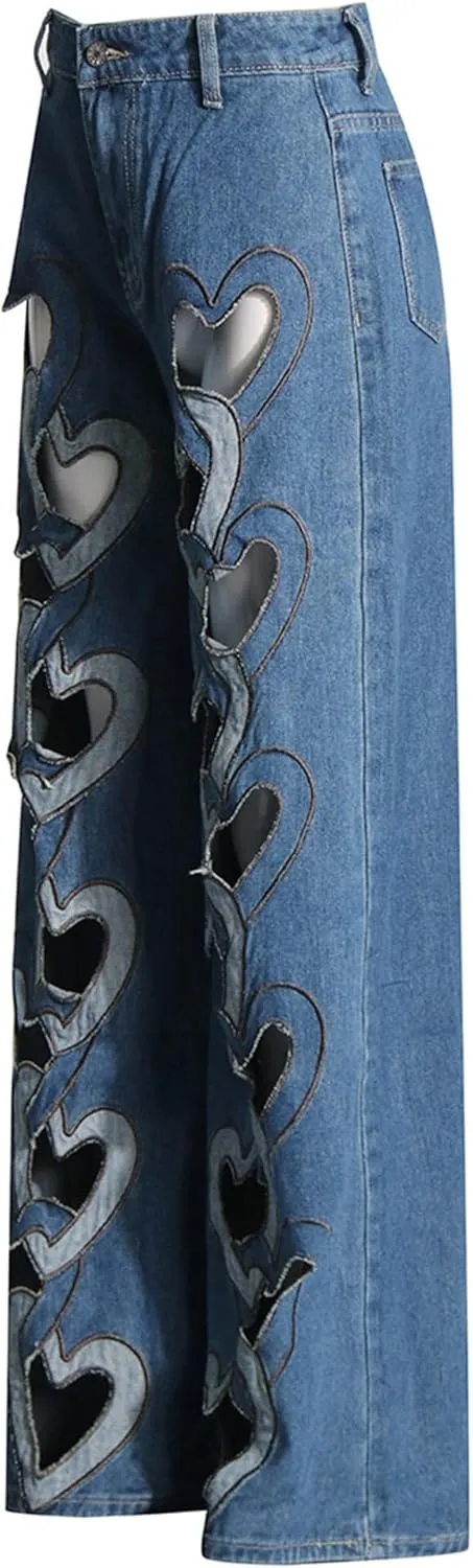 Heart Cutout Jeans for Women Baggy Wide Leg Y2k High Waist Trendy Straight Denim Pants Trouser