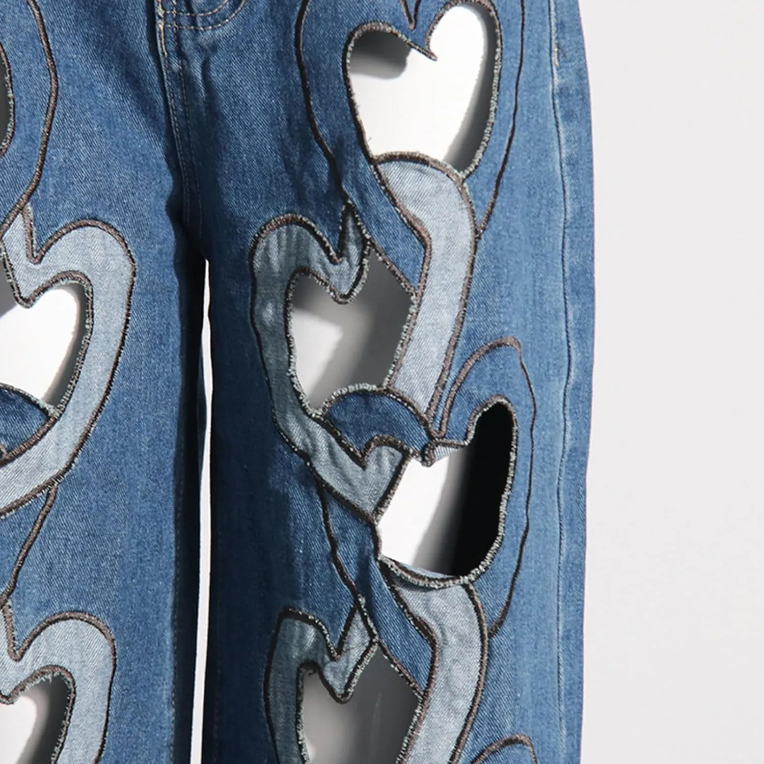 Heart Cutout Jeans for Women Baggy Wide Leg Y2k High Waist Trendy Straight Denim Pants Trouser