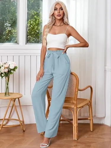 Heymoments Women's Wide Leg Lounge Pants with Pockets Lightweight High Waisted Palazzo Adjustable Tie Knot Flowy Trousers