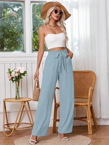 Heymoments Women's Wide Leg Lounge Pants with Pockets Lightweight High Waisted Palazzo Adjustable Tie Knot Flowy Trousers
