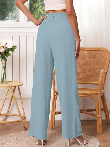 Heymoments Women's Wide Leg Lounge Pants with Pockets Lightweight High Waisted Palazzo Adjustable Tie Knot Flowy Trousers