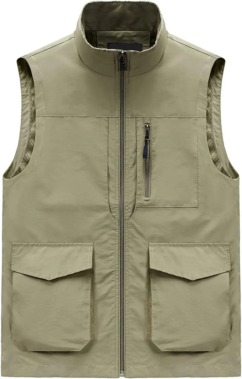 Hixiaohe Men's Casual Lightweight Outdoor Vest Work Fish Photo Travel Golf Vest Zip up Sleeveless Jacket with Pockets