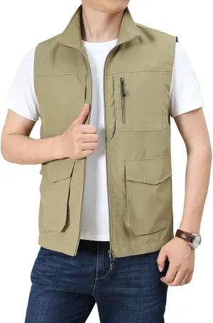 Hixiaohe Men's Casual Lightweight Outdoor Vest Work Fish Photo Travel Golf Vest Zip up Sleeveless Jacket with Pockets