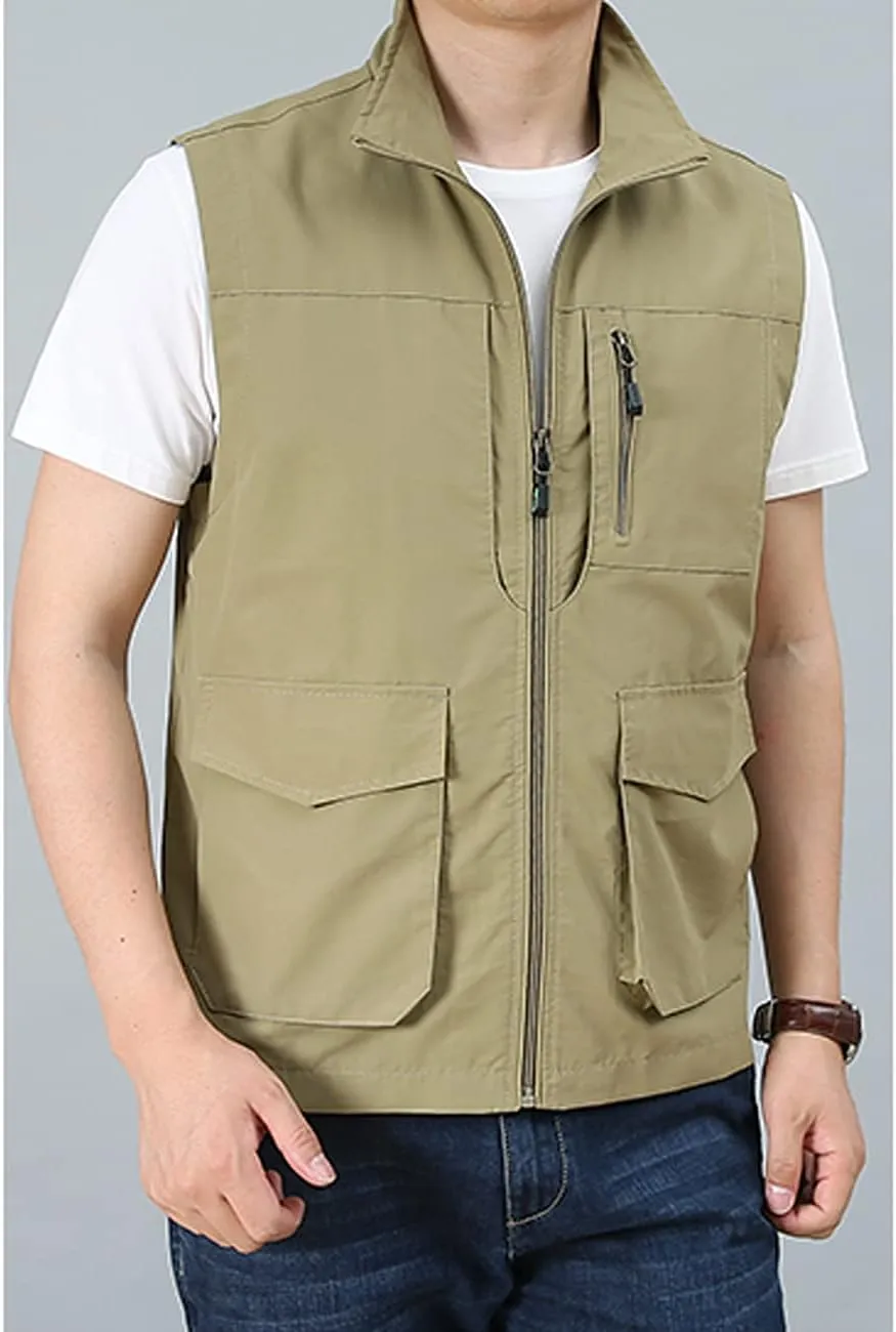 Hixiaohe Men's Casual Lightweight Outdoor Vest Work Fish Photo Travel Golf Vest Zip up Sleeveless Jacket with Pockets