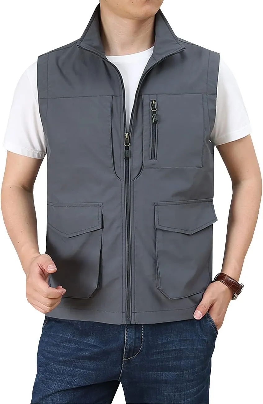 Hixiaohe Men's Casual Lightweight Outdoor Vest Work Fish Photo Travel Golf Vest Zip up Sleeveless Jacket with Pockets