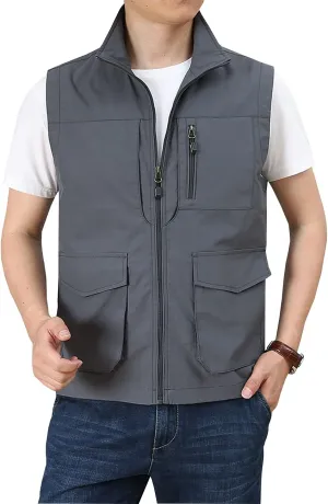 Hixiaohe Men's Casual Lightweight Outdoor Vest Work Fish Photo Travel Golf Vest Zip up Sleeveless Jacket with Pockets