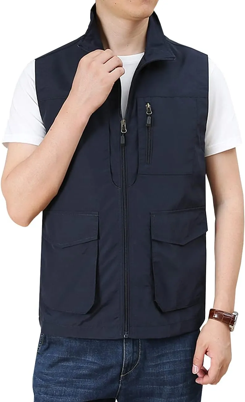 Hixiaohe Men's Casual Lightweight Outdoor Vest Work Fish Photo Travel Golf Vest Zip up Sleeveless Jacket with Pockets