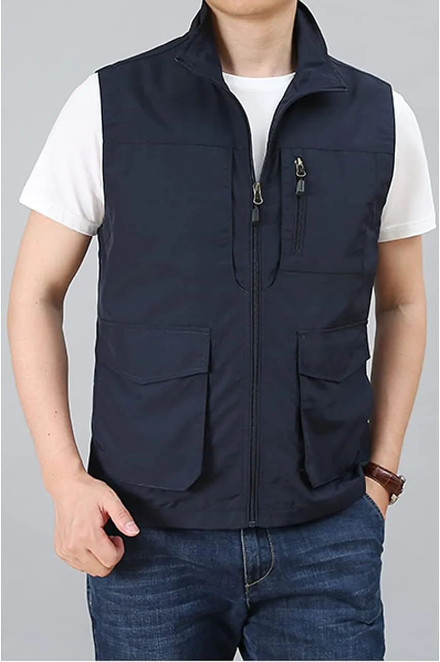 Hixiaohe Men's Casual Lightweight Outdoor Vest Work Fish Photo Travel Golf Vest Zip up Sleeveless Jacket with Pockets