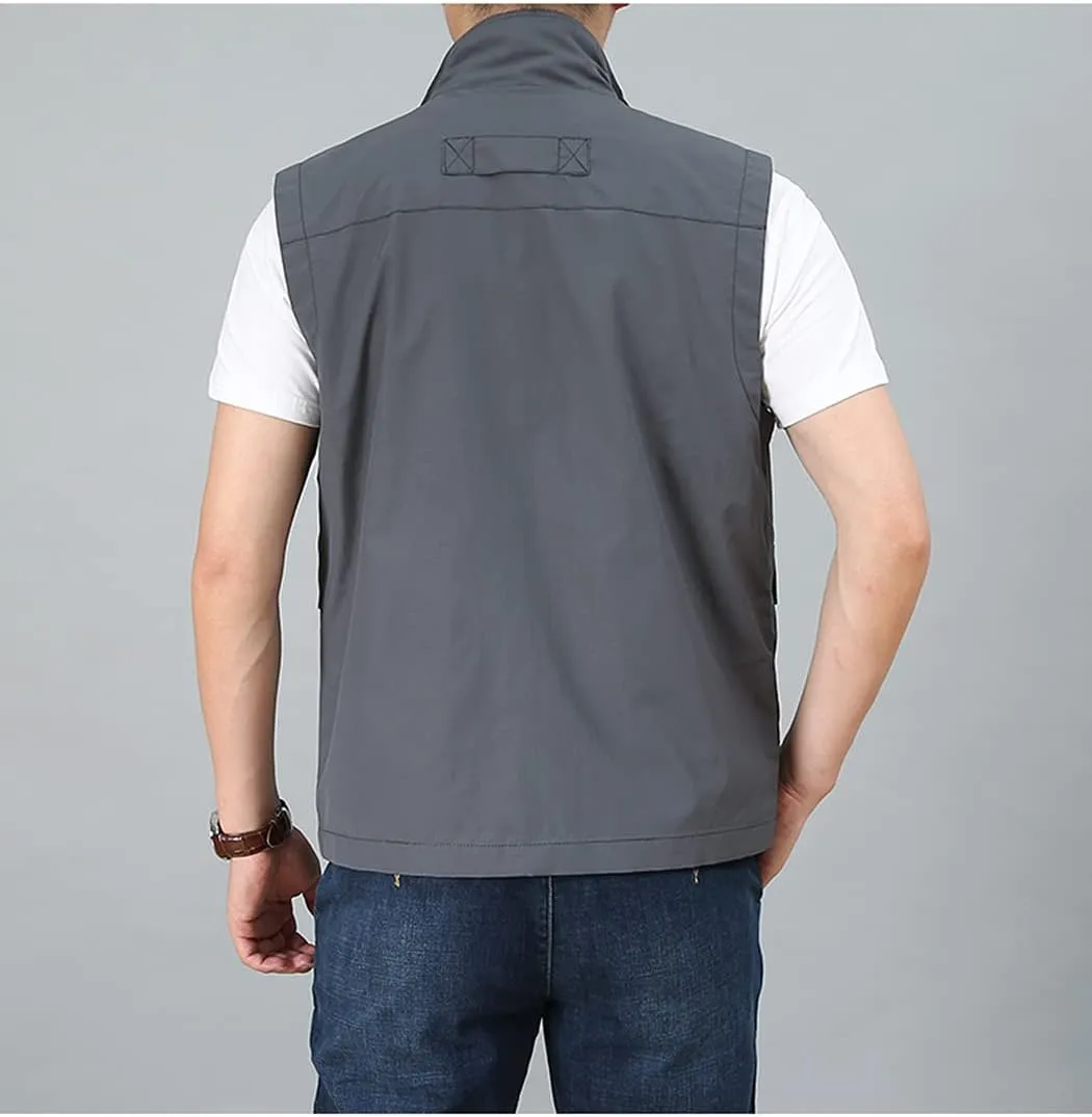 Hixiaohe Men's Casual Lightweight Outdoor Vest Work Fish Photo Travel Golf Vest Zip up Sleeveless Jacket with Pockets