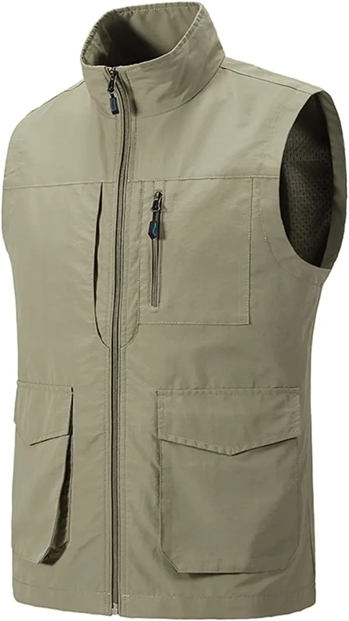 Hixiaohe Men's Casual Lightweight Outdoor Vest Work Fish Photo Travel Golf Vest Zip up Sleeveless Jacket with Pockets