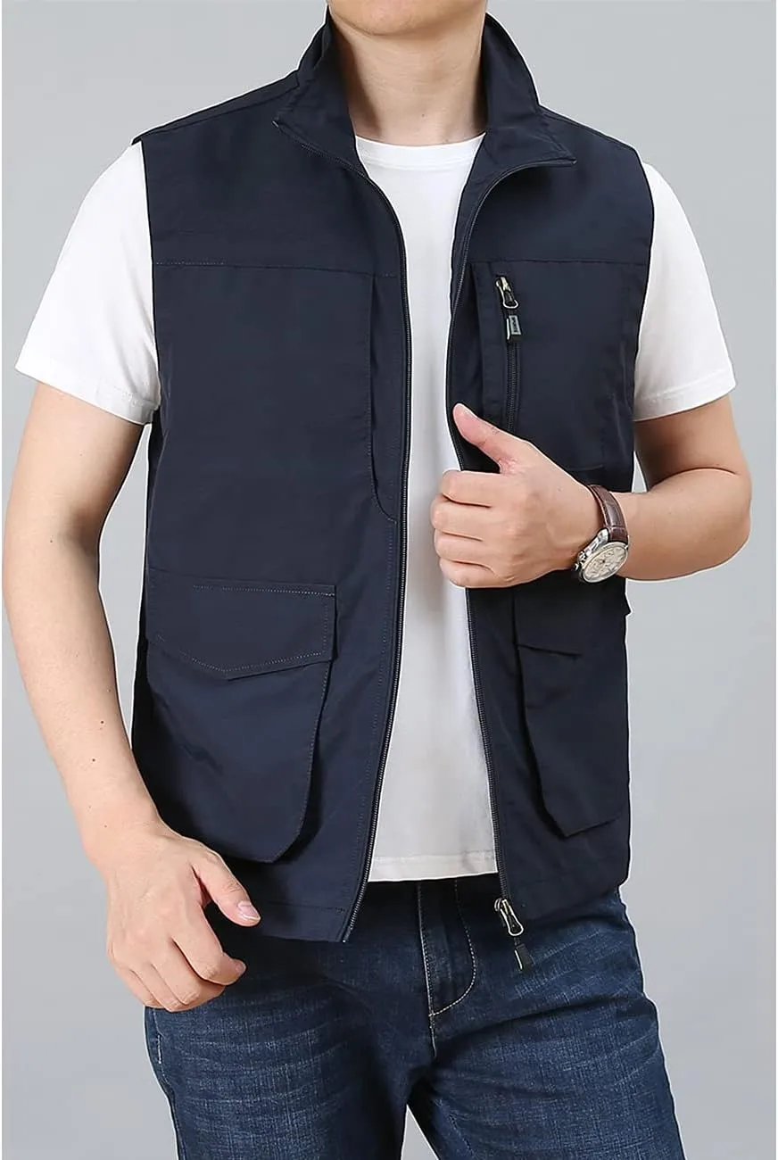 Hixiaohe Men's Casual Lightweight Outdoor Vest Work Fish Photo Travel Golf Vest Zip up Sleeveless Jacket with Pockets