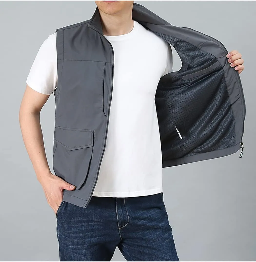 Hixiaohe Men's Casual Lightweight Outdoor Vest Work Fish Photo Travel Golf Vest Zip up Sleeveless Jacket with Pockets