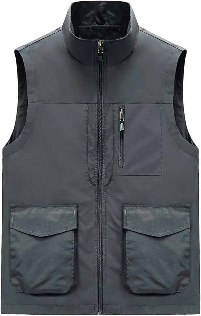 Hixiaohe Men's Casual Lightweight Outdoor Vest Work Fish Photo Travel Golf Vest Zip up Sleeveless Jacket with Pockets