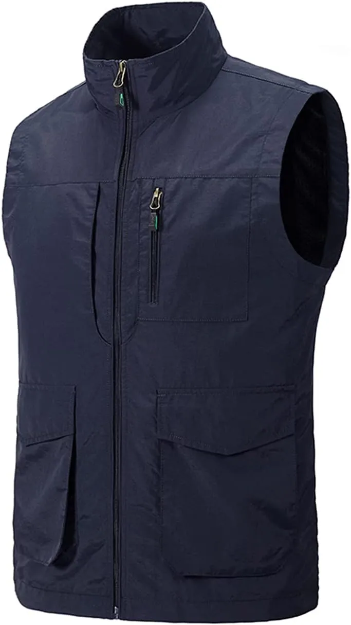 Hixiaohe Men's Casual Lightweight Outdoor Vest Work Fish Photo Travel Golf Vest Zip up Sleeveless Jacket with Pockets