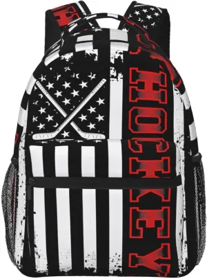 Hockey Stick American Flag Backpack Casual Pack Bag Laptop Backpack With Side Pocket Front Zipper Pocket Bookpack Travel Daypack Picnic Rucksack