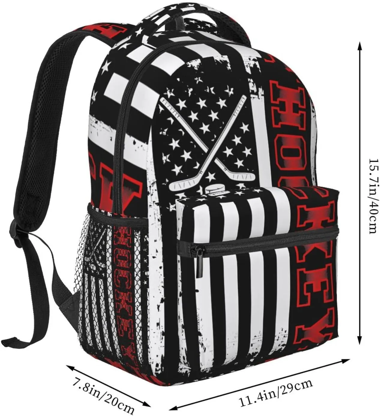 Hockey Stick American Flag Backpack Casual Pack Bag Laptop Backpack With Side Pocket Front Zipper Pocket Bookpack Travel Daypack Picnic Rucksack