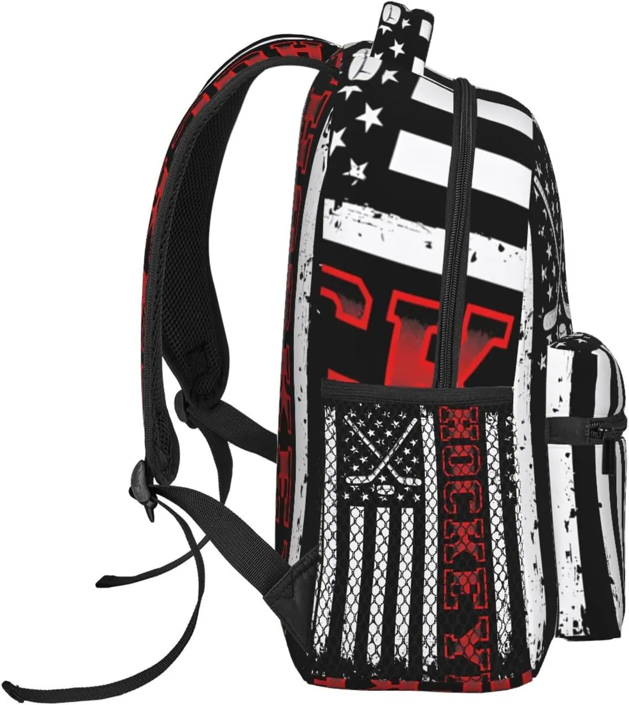 Hockey Stick American Flag Backpack Casual Pack Bag Laptop Backpack With Side Pocket Front Zipper Pocket Bookpack Travel Daypack Picnic Rucksack