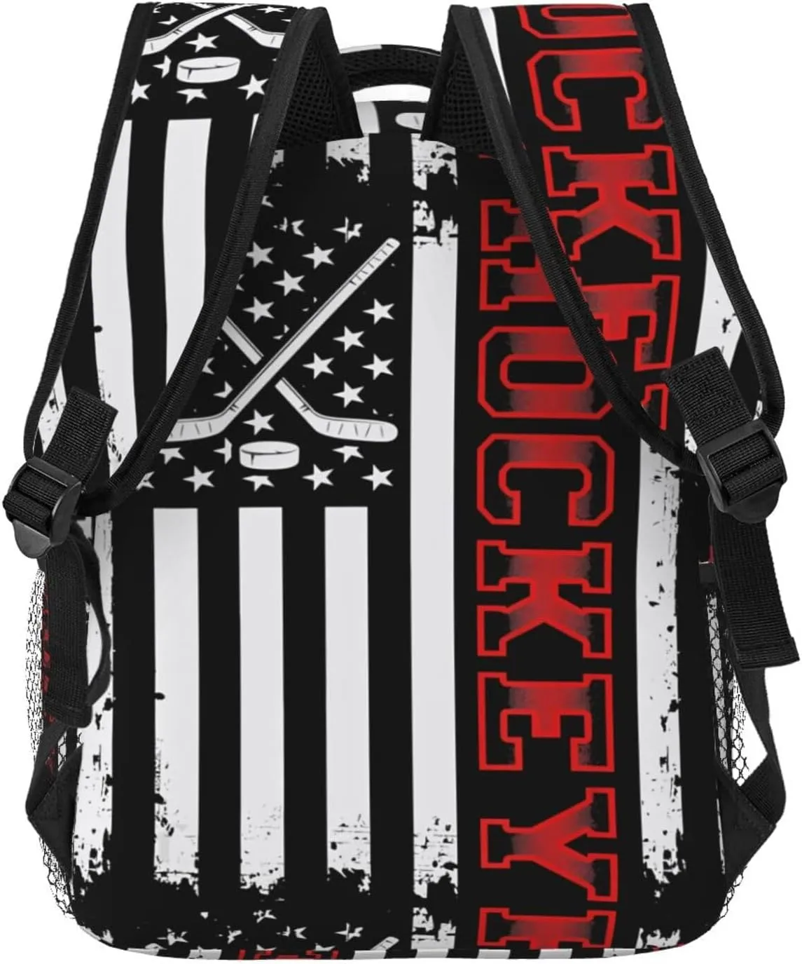 Hockey Stick American Flag Backpack Casual Pack Bag Laptop Backpack With Side Pocket Front Zipper Pocket Bookpack Travel Daypack Picnic Rucksack