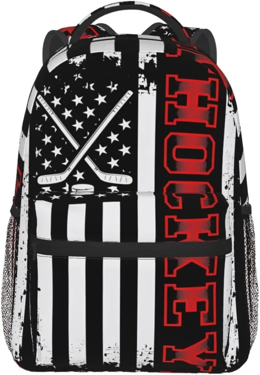 Hockey Stick American Flag Backpack Casual Pack Bag Laptop Backpack With Side Pocket Front Zipper Pocket Bookpack Travel Daypack Picnic Rucksack