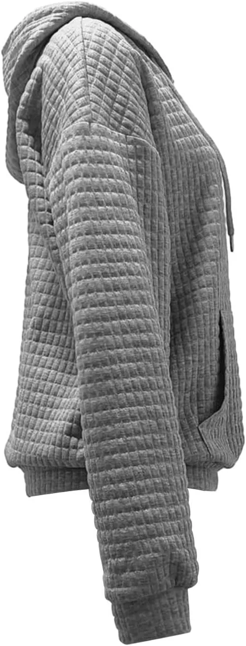 Honganda Women's Casual Oversized Hoodies Long Sleeve Plaid Jacquard Hooded Sweatshirt Pullover Tops with Kangaroo Pocket
