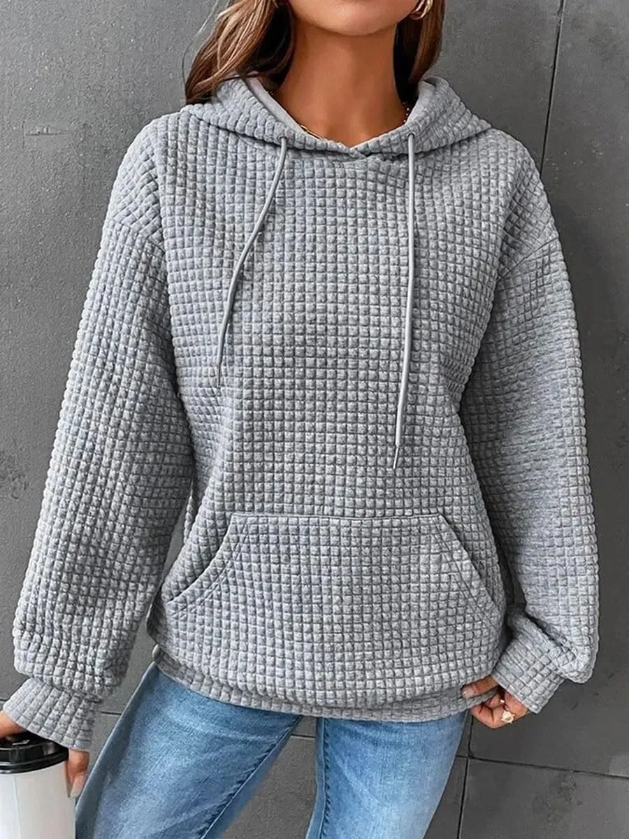 Honganda Women's Casual Oversized Hoodies Long Sleeve Plaid Jacquard Hooded Sweatshirt Pullover Tops with Kangaroo Pocket
