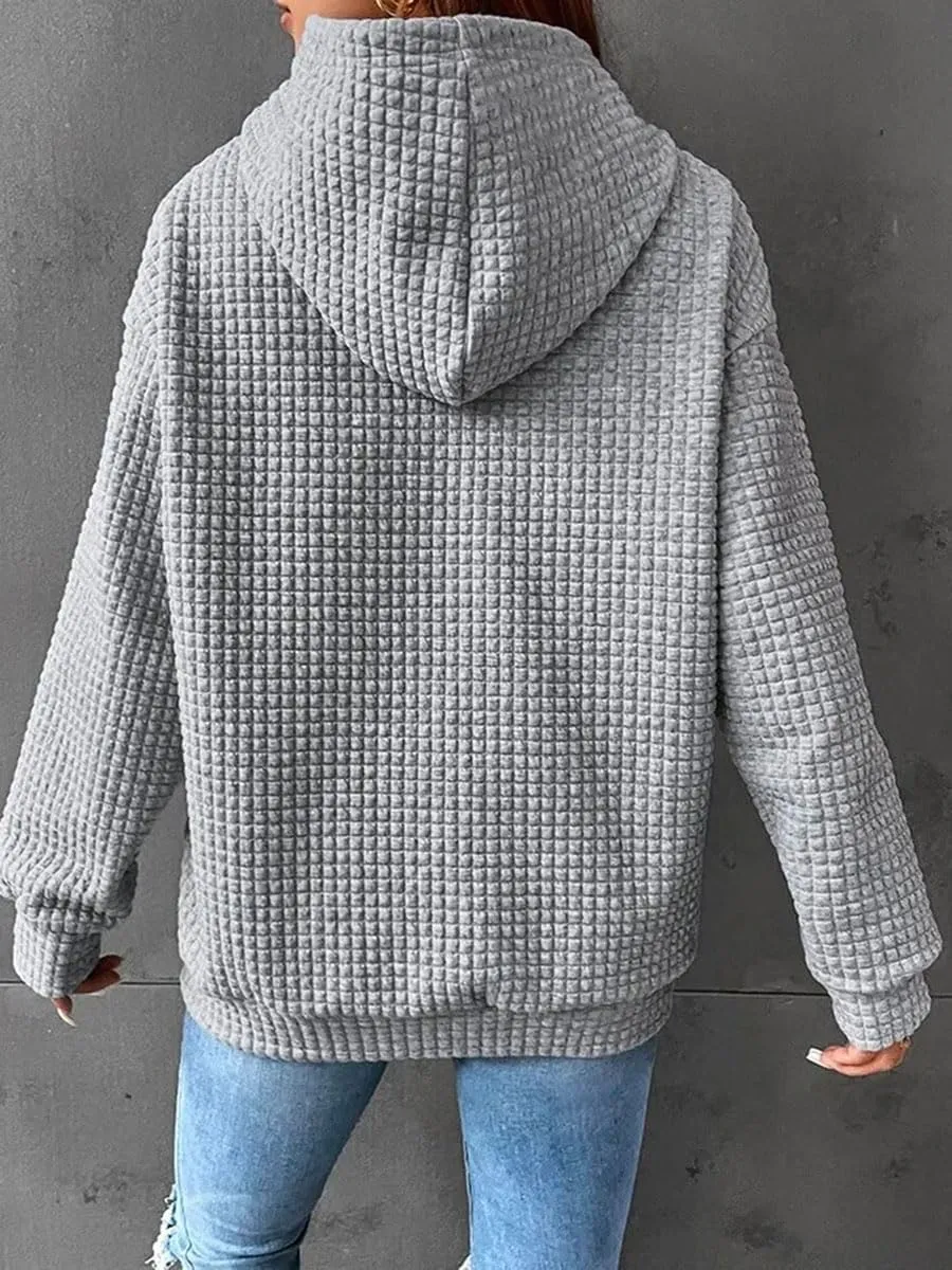 Honganda Women's Casual Oversized Hoodies Long Sleeve Plaid Jacquard Hooded Sweatshirt Pullover Tops with Kangaroo Pocket