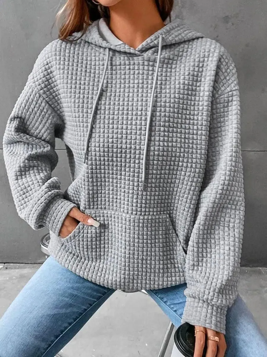 Honganda Women's Casual Oversized Hoodies Long Sleeve Plaid Jacquard Hooded Sweatshirt Pullover Tops with Kangaroo Pocket
