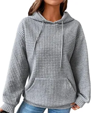 Honganda Women's Casual Oversized Hoodies Long Sleeve Plaid Jacquard Hooded Sweatshirt Pullover Tops with Kangaroo Pocket