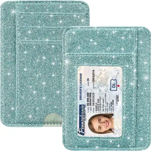 HOTCOOL Card Holder Wallet Front Pocket Minimalist Travel Cute Funny Thin Leather With RFID Blocking Small Credit Card Holder Wallet for Men & Women Girls Organizer Gifts, Glitter Blue
