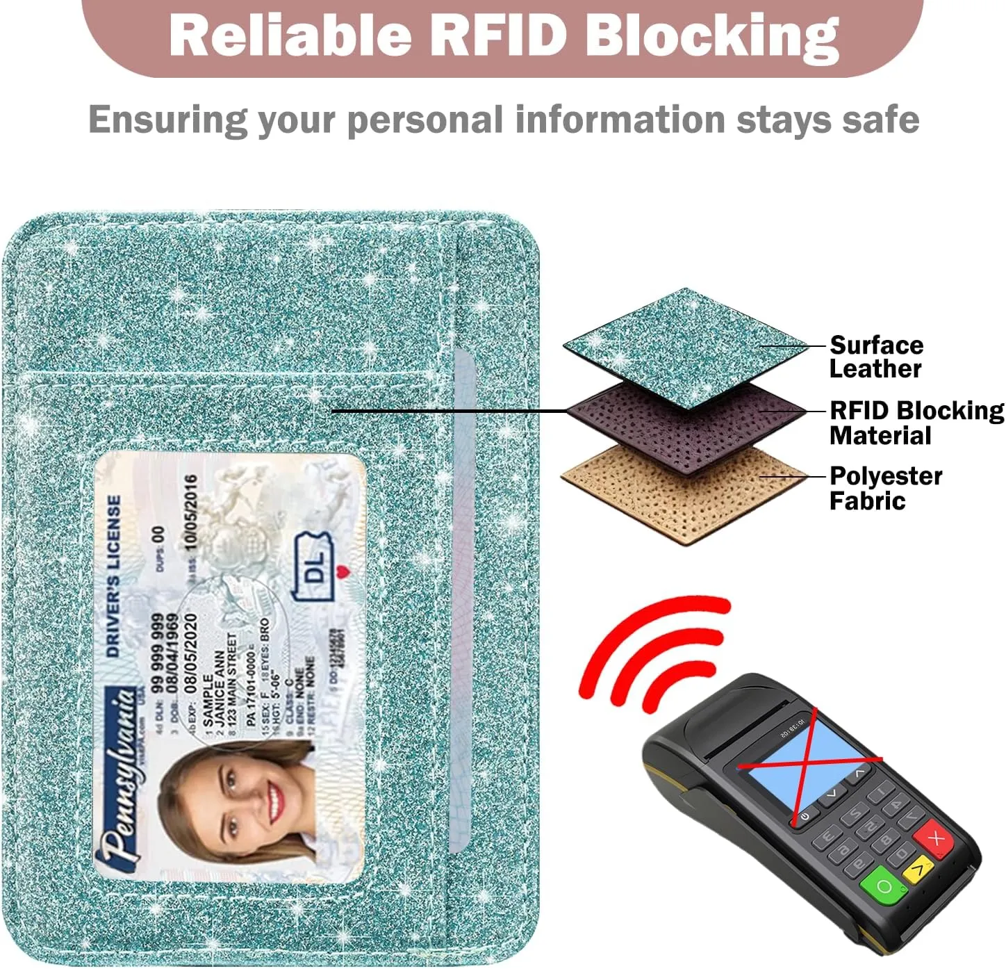 HOTCOOL Card Holder Wallet Front Pocket Minimalist Travel Cute Funny Thin Leather With RFID Blocking Small Credit Card Holder Wallet for Men & Women Girls Organizer Gifts, Glitter Blue