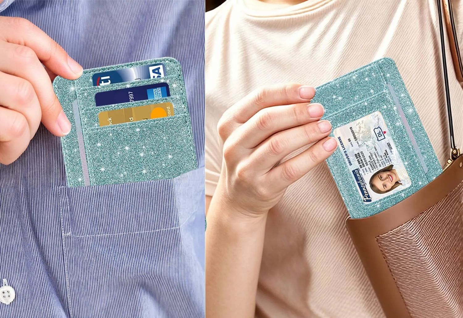 HOTCOOL Card Holder Wallet Front Pocket Minimalist Travel Cute Funny Thin Leather With RFID Blocking Small Credit Card Holder Wallet for Men & Women Girls Organizer Gifts, Glitter Blue